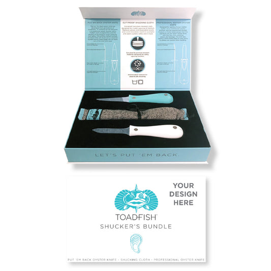 Toadfish Custom Engraved Shucker's Bundle - Teal Put 'Em Back Oyster Knife, Professional Oyster Knife  Cut-Proof Shucking Cloth - Knifes Are NOT Engraved (MINIMUM ORDER QUANTITY OF 25) [TF1014]